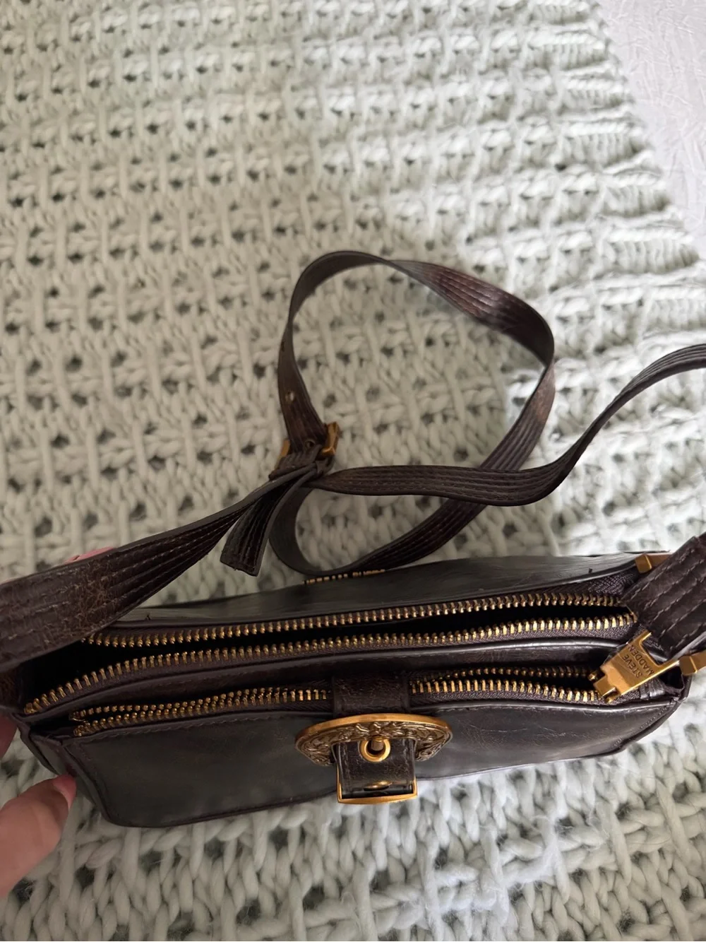 Steve Madden Dark Brown Leather Crossbody with Decorative Gold Buckle